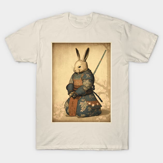 Art Nouveau Japanese Samurai Knight White Rabbit T-Shirt by entwithanaxe